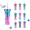 Tumblers 350ml 12 ooz Gradiente de doble capas Beauty Fish Tail Caca de paja lentejuelas Renching Tumbler For Kids Party Gift H240425