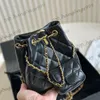 Womens Black Lambskin 2in1 Classic Quilted Diamond Lattice Mini Drawstring Bucket Bags Soft Leather Gold Chain Coin Flap Lipstick Card Holder Crossbody Purse 20cm