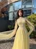 Party Dresses (SALE) Yellow Arabia Luxury Cape Sleeves Belt Beading Fashion Ladies Evening Host Dress Partydress Prom