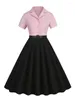 Vestidos de festa amarelo preto dois tons 50s Rockabilly Cotton Dress Roupos Mulher 2024 Summer Mulheres de colarinho entalhado com cinto com cinto formal