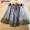 Women's Jeans Rhinestone Denim Shorts Woman Summer Wear Heavy Industry Tassel Bead Diamond-Embedded High Waist Wide-Leg Jean