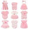 Nieuw geboren babymeisje Desdresses Zomer roze prinses Kleine meisjeskledingsets voor verjaardagsfeestje 0 3 maanden Robe Bebe Fillle