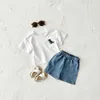 Kläder sätter sommar pojkar kläder 2 st baby kortärmad t-shirt+shorts sportkläder dinosaurie broderi casual flickor set 0-3y barnl2404