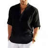 남자 티셔츠 2024 New Mens Linen Long Sleeve 티셔츠 단색 느슨한 캐주얼 티셔츠 긴 슬리브 코튼 린넨 Shirtsl2404