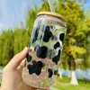 Tumblers Dairy Cow Pattern Pright Pringing Glass Can с бамбуковой крышкой соломенной кофейной подарка для друзей для друзей летняя чашка 17 унций H240425