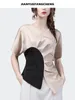 Kvinnor Bluses Women 'Spring Summer Short Sleeve V-Neck Color Blocking Satin Top Elegant Slim Asymmetrical Shirred Casual Slit Shirts