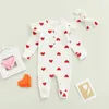 Rompers niemowlę dzieci dwuczęściowe ubrania Set Heart Print Drut Załoga z długim rękawem Romper i łuk węzeł nakrycia głowy różowy/ biały D240425