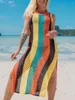 Women Bikini Cover Ups Knitted Crochet Cutout Split Tank Dress For Beach Swimsuit Bathing Suit Summer Clothes