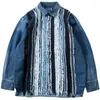 Men's Jackets Mens Denim Shirt Blue Dyed Rags Patchwork Fashion Washed Frayed Jeans Coat For Male