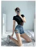 Women's Shorts Side Hollow Design Blue Denim Summer Irregular Mini Skinny Jeans Female Ragged Fringe Pants