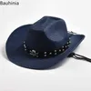 Chapéus de balde largura chapéus de balde decoração de caveira palha chapéu de cowboy ocidental para homens verão praia chapéu de sol enlouquece chapéus de salva -vidas sombrero hombre y240425