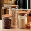 Livsmedelsbesparare Förvaringsbehållare Sealed Kitchen Grain Tea Storage Jar with Bamboo Lid Glass som används som lufttät behållare för krydda och krydda H240425 01
