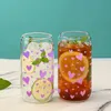 Tumblers 16oz Cute Pink Heart Pattern With Bamboo Lid Glass Straw Juice Hot And Cold Drink Bottle Suitable For Summer Ice Cream H240425
