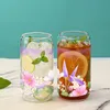 Gobelers 1pc Flower Series Verre à boire transparent avec couvercle en bambou et paille tasse de café Juice Brinks Drinkware Gift For Friend H240425