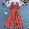 Women's Jumpsuits Rompers Summer polka dot holiday casual wide leg jumpsuit V-neck Puff Slave elastic waist jumpsuit loose beach stockings Y240425