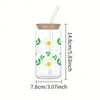 Tumblers 1 Piece Of Green Leafy Petal Daisy Pattern With Bamboo Lid Glass Straw Juice Hot And Cold Drink Bottle Suitable For Summer H240425