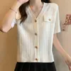 Kvinnors stickor Vintage Ice Silk Knit Sweater Women Cardigans Tops 2024 Summer Elegant Solid Fashion Knitwear T-Shirts Kort ärm V-Neck