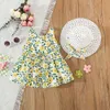 Robes de fille d'été 2 pièces / sets filles robe chapeau bébé fille gros arc plein de fleurs et feuilles imprimées avec une robe de princesse à suspense D240425