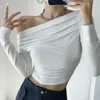 Camisas femininas Slim-Fit Oblique ombro de ombro de barriga de cor sólida de cor de roupa superior Mangas compridas T-shirt