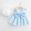 Mädchenkleider 0-3-jährige Babykleidung Sommer Meeres Urlaub Kinderkleider florale ärmellose Bow Girl Prinzessin Kleid+Hut D240425