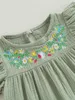 Girl's jurken katoenen linnen jurk peuter meisjes mouwloze ruches sundress bloemen geborduurde flare jurk baby kinderen zomerkleding (roze 1-2 d240425