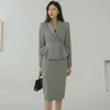 Zweiteilige Kleider Modebüro Frauen Temperament Hound tooth doppelte Breast Tops Jackel Anzug Blazer hoher Taillenrock weibliche 2 Stücke