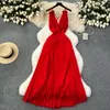 Casual Dresses Foamlina Summer Fashion Red Sling Dress for Women Elegant V Neck Sleuntveless Backless Slim Elastic Midje strand Långt veck