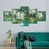 5 Pieces Green Lotus Canvas Painting Wall Art White Flower Posters and Prints Landscape Wall Art for Living Room Decor Cuadros