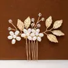 Wedding Hair Jewelry Gold Color Crystal Pearl Hair Comb Clip Hairpin Rhinestone Leaf Wedding Hair Comb Bridal Wedding Hair Accessories Jewelry Comb d240425