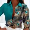 Dames blouses dames lente herfst shirt tops chic veerprint single breasted edelsteen verfraaid voor