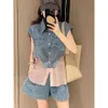 Mode voor dames 2024 Zomer Nieuwe Europese stijl Silk Denim Patchwork Top Wide Leg Shorts Tweedelige set