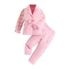 2024 Autumn and winter new girls' children long sleeve bow mesh sleeves suit jacket trousers two-piece set