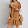 Zomer Solid Dres Casual Bohemian V Neck korte mouw ruches los een lijn mini -jurk elegant strand feestvestidos straat 240419