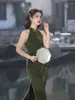 Etnische kleding vintage cheongsams sexy halter dames Chinese jurken split printing qipao vrouwelijke mouwloze mandarijn kraag feestjurk