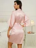 Women's Sleepwear Spring summer sexy imitation silk robe casual thin home wear pajamas simple loose cardigan lace-up bathrobe Y240426