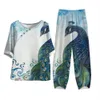 Tweedelige broek voor dames vrouwelijk o nek korte slve suit vlinder print broek set hoge taille broek zomer casual vrouwelijke elegante vintage t-shirt outfits y240426