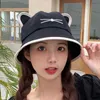 Wide Brim Hats Bucket Hats Korean cartoon cat ear womens bucket hat spring and summer Kawaii beach tourism sun shading hat wide Brim pure cotton Panama hat 240424