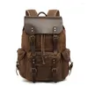 Backpack Genuine Leather Canvas Men Bag Vintage School para adolescente à prova d'água de viagem ao ar livre Bedpack Big Laptop Rucksack JYY246