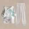 Women's Two Piece Pants Fashion Summer Plants Printed 2 Piece Set High Waist Pants Ladies Outfits Elegant Vintage Spring T-Shirt Pants Female Clothing Y240426