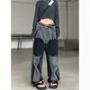 Jeans femininos Retro Men Women Denim Pants Color Patchwork Designer de bolso de tamanho grande zip perna larga Hip Hop High Street Baggy