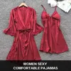 Women's Sleepwear 2pcs Woman Sexy Pajamas Slpwear Lace Robe And Pants Lingerie Bathrobe Silk Satin Home Clothed Nightwear For Ladies Y240426