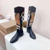 Checkered Chelsea Knight Boots Womens 2024 Autumn/Winter New Versatile Velvet Lining Flat Bottom Genuine Leather High Barrel Martin Boots