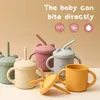 Lets Make Bear Silicone Baby Feeding Cup with Straw BPA Free Silicon Sippy Trainer Straw Cups With Handtag Baby Water Bottle 240416