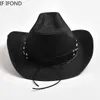 Breda gräl hattar hink hattar mode skalle dekor västerländsk cowboy hatt naturlig papper stråhatt för män sommar strand sol hatt curling brim livräddare hattar y240425