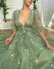 Romantyczna zielona sukienka na studniówkę Princess Puff długie rękaw w kwiat haftowa kobiet wieczorna sukienka koktajlowa strój urodzinowy 240415