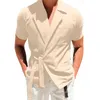 Mens Solid Color Cotton Linen Suit com lapela e amarração de camisa de manga curta Men 's Roupas 2024 moda e simples 240415