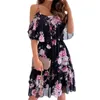 Casual Dresses Women Dress Ruffle Spaghetti Strap Patchwork Off Shoulder Short Sleeve Lady Sling For Beach Sundress Vacation Mini