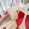 Flickans klänningar 2023 Summer Toddler Kids Princess Dresses Puff Sleeve Bow Backless Boutique Clothes Girls Födelsedagsklänning Costumel2404