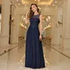 Dark Navy Burgundy Bridesmaid Dresses Sheer Neck Appliques Chiffon Long Maid of Honor Gowns A Line Guest Evening Prom Dress