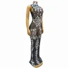 Stage Wear Sexy Black Silver Mirrors Rhinestones Grid Dress Transparent Mesh Performance Outfit Birthday Party Collections Wangpian